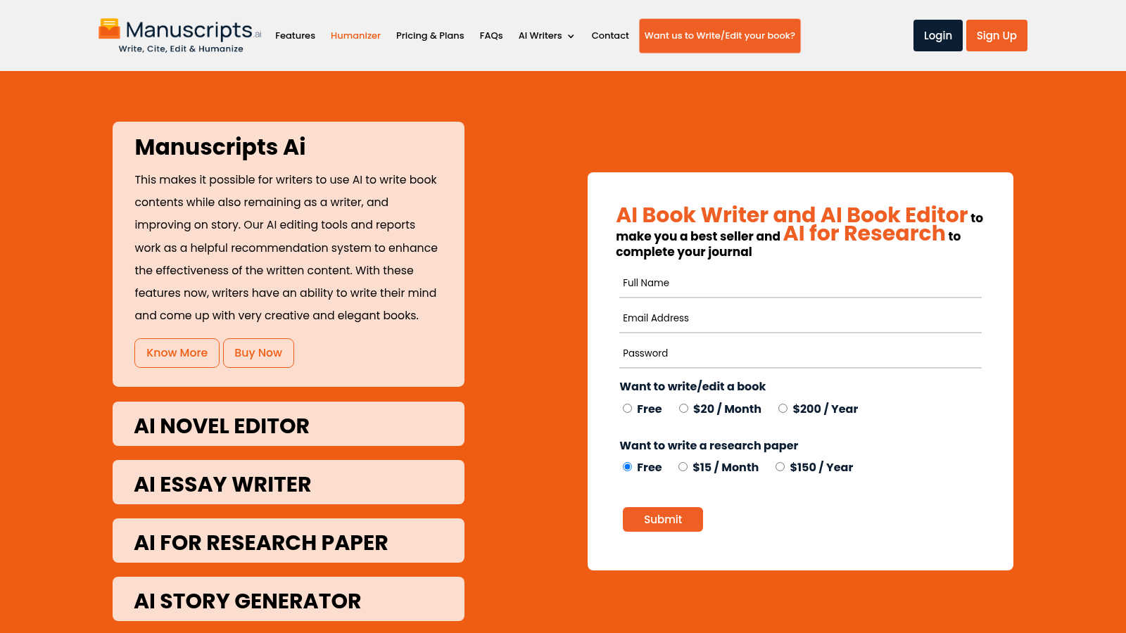 Manuscripts.ai application interface and features