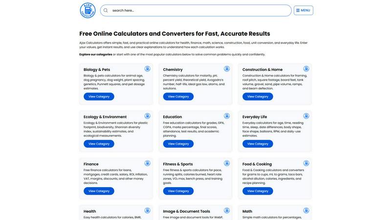 Ajax Calculators application interface and features