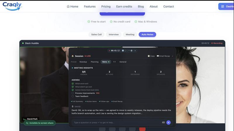 Craqly application interface and features