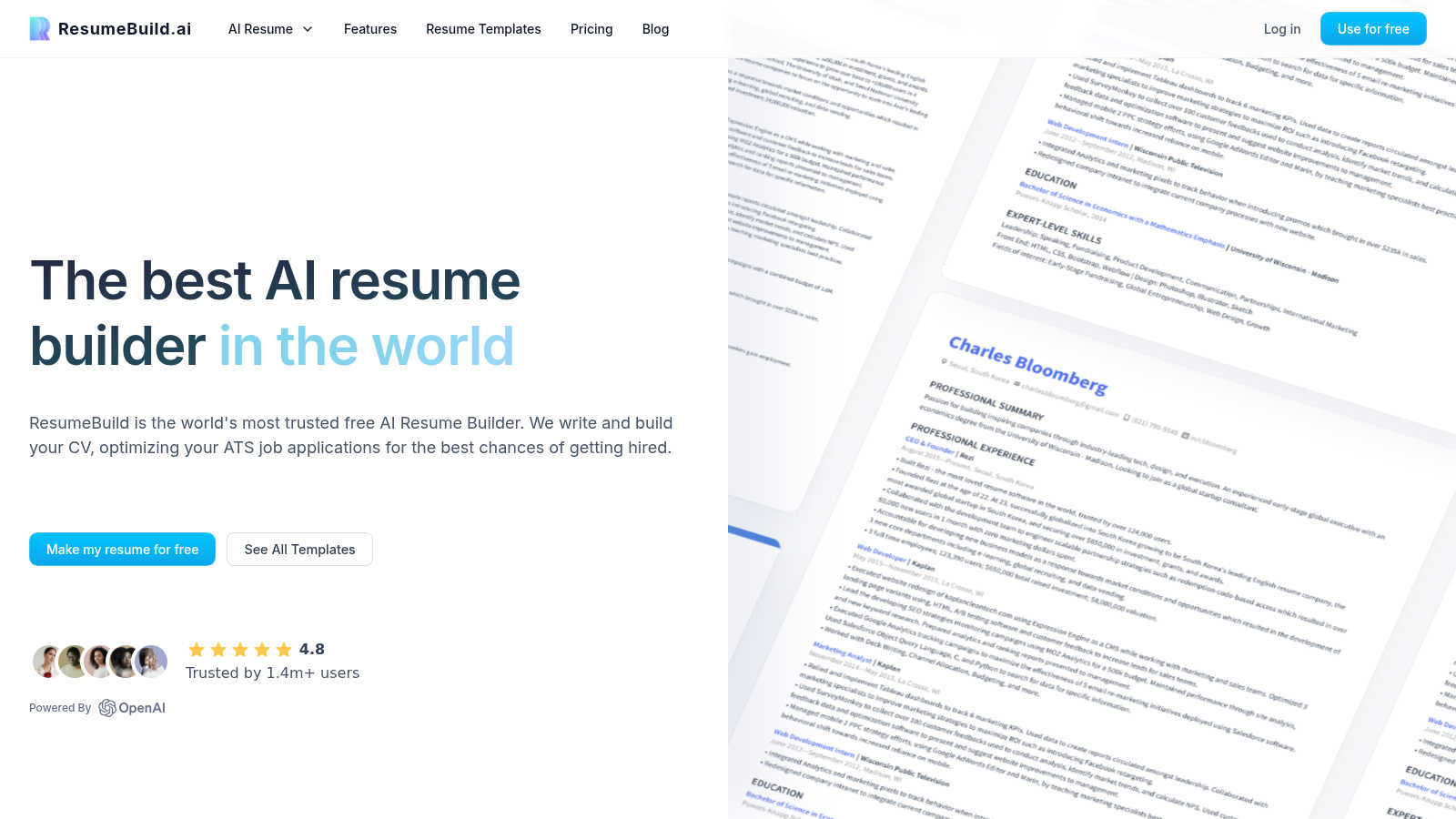 ResumeBuild AI application interface and features
