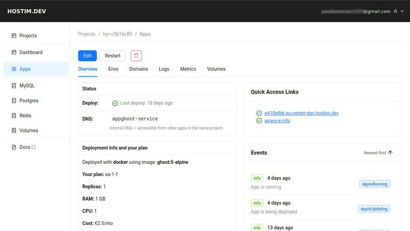 Hostim.dev application interface and features