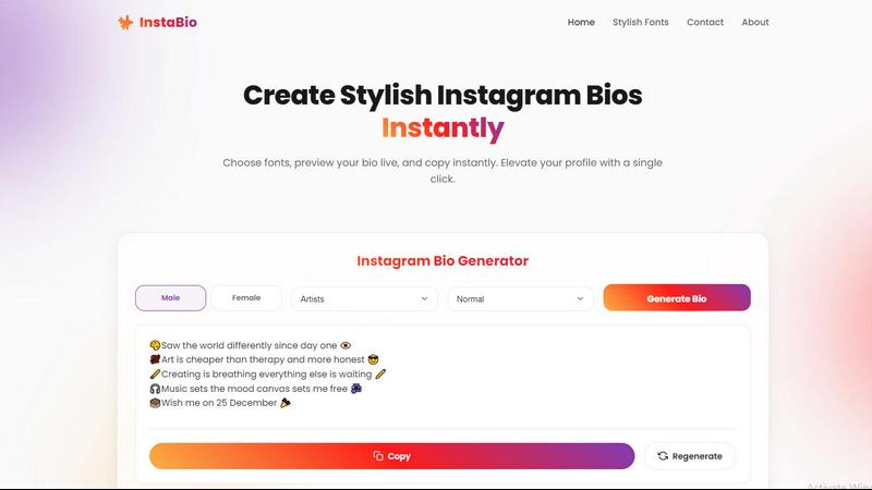 Insta Bio application interface and features