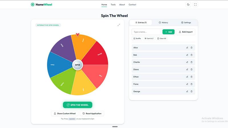 Name Wheel Pro application interface and features