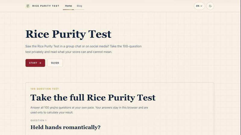 Rice Purity Test application interface and features