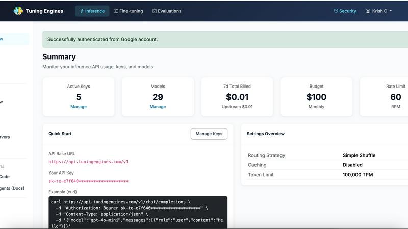 Tuning Engines application interface and features
